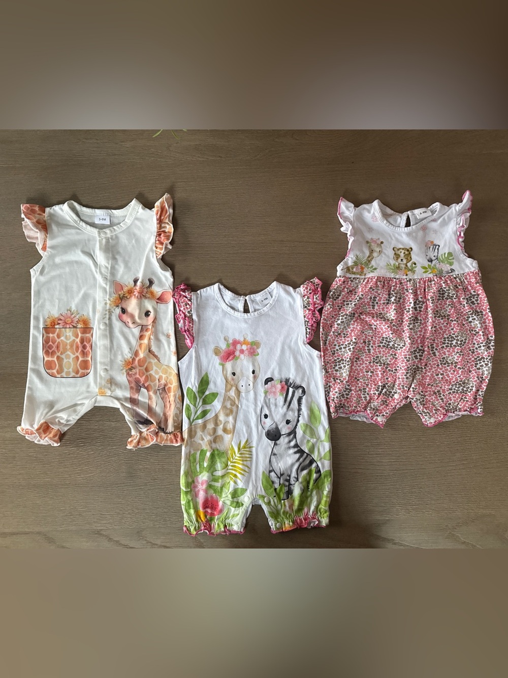 3-Pack Baby Giraffe Safari Rompers 3-6M & 6-9M